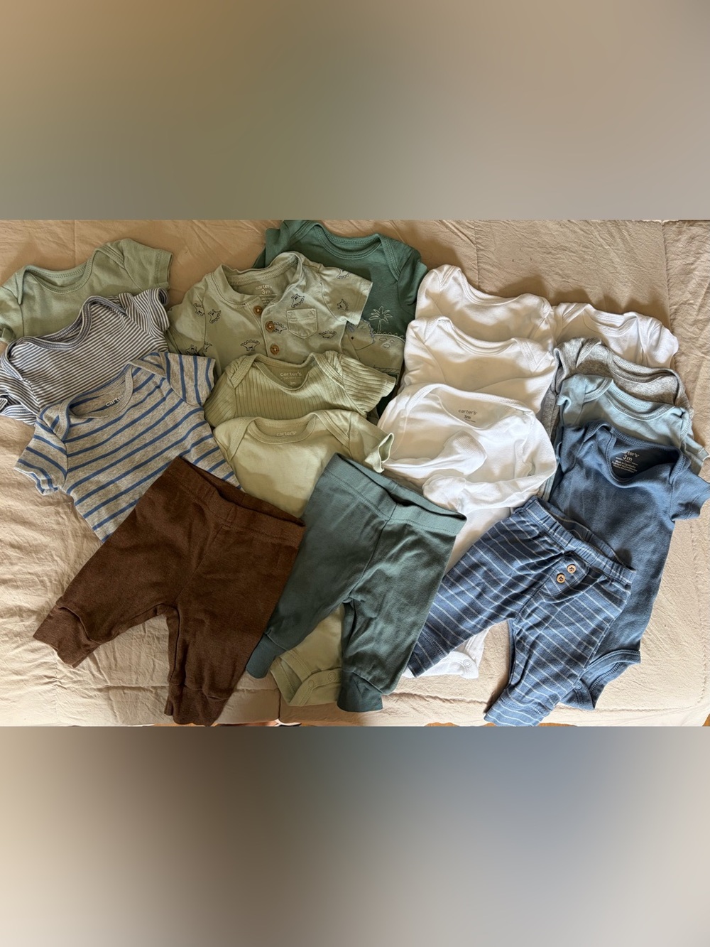Carter's Bodysuit & Pants Set in Sage, White, Brown, Blue